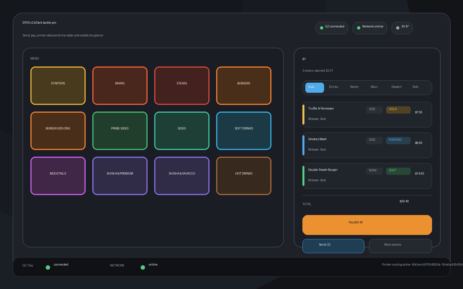 VenueCore EPOS v2 — dark tactile pro theme with orange pay button, blue send-to-kitchen and coloured line-item state rails